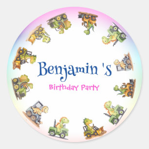 Cute dinosaur tractor Rainbow B2S School Birthday Classic Round Sticker