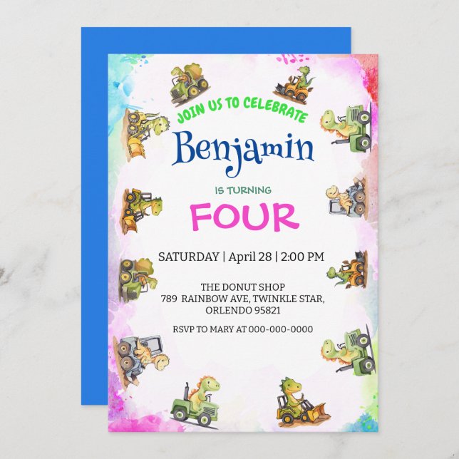 Cute dinosaur tractor Rainbow B2S School Birthday  Invitation (Front/Back)