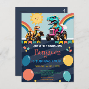 Cute dinosaur tractor Rainbow balloon Birthday Boy Postcard