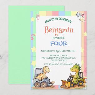Cute dinosaur tractor Rainbow balloon Birthday  Invitation