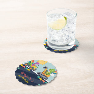 Cute dinosaur tractor truck Rainbow balloon HBD Paper Coaster