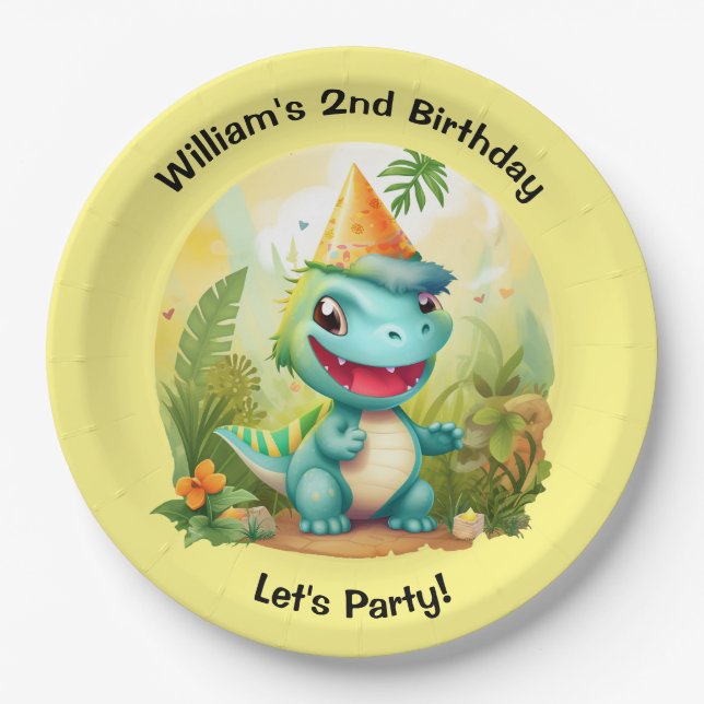 Cute Dinosaur Tropical Forest | Dino Kids Birthday Paper Plate (Front)