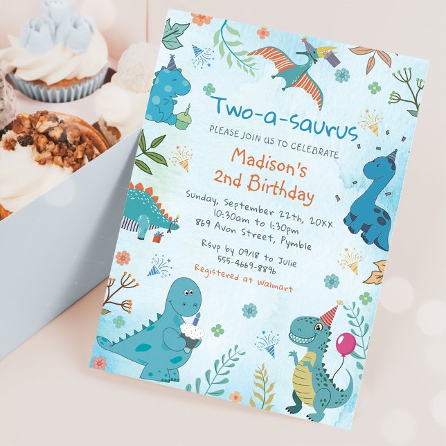 Cute Dinosaur Two-A-Saurus 2nd Birthday Party Invitation (Creator Uploaded)