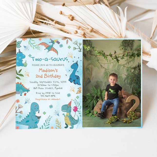 Cute Dinosaur Two-A-Saurus 2nd Birthday Photo Invitation (Creator Uploaded)