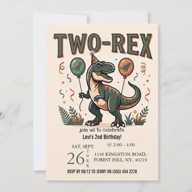 Cute Dinosaur Two-Rex 2nd Birthday Invitation (Front)