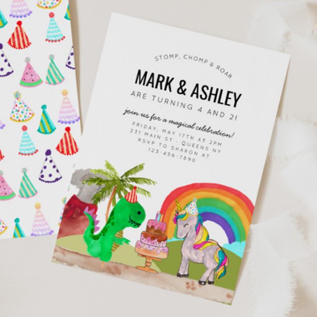 Cute Dinosaur Unicorn Cake Candle Joint Birthday Invitation (Creator Uploaded)