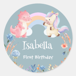 Cute Dinosaur Unicorn rainbow Balloon birthday Classic Round Sticker