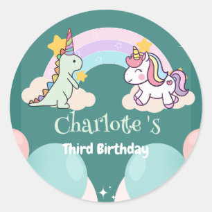 Cute Dinosaur Unicorn rainbow Balloon birthday Classic Round Sticker