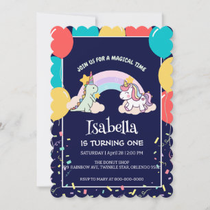 Cute Dinosaur Unicorn rainbow Balloon birthday Invitation