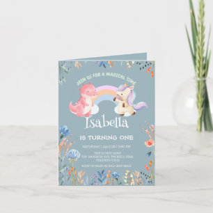 Cute Dinosaur Unicorn rainbow Balloon birthday Invitation