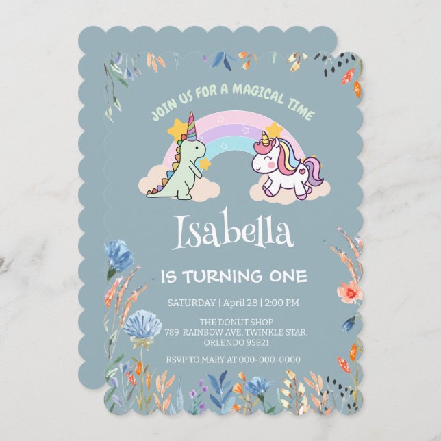 Cute Dinosaur Unicorn rainbow Balloon birthday  Invitation (Front/Back)