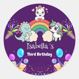 Cute Dinosaur Unicorn rainbow Balloon birthday kid Classic Round Sticker