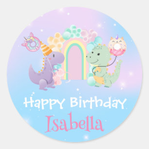 Cute Dinosaur Unicorn Rainbow balloon Birthday kid Classic Round Sticker