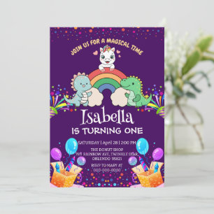 Cute Dinosaur Unicorn rainbow balloon birthday kid Invitation