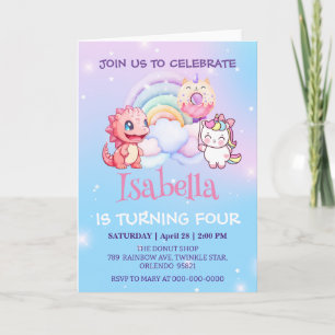 Cute Dinosaur Unicorn Rainbow balloon Birthday kid Invitation