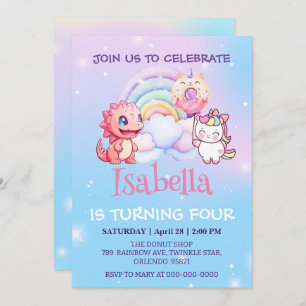 Cute Dinosaur Unicorn Rainbow balloon Birthday kid Invitation