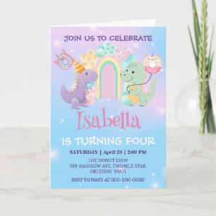 Cute Dinosaur Unicorn Rainbow balloon Birthday kid Invitation