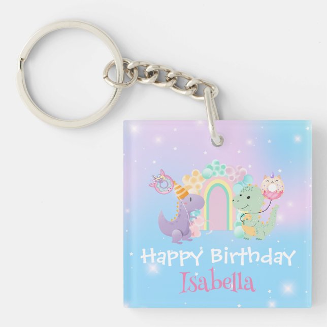 Cute Dinosaur Unicorn Rainbow balloon Birthday kid Key Ring (Front)
