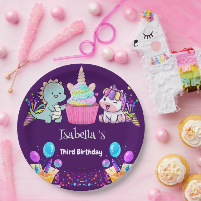 Cute Dinosaur Unicorn rainbow Balloon birthday kid Paper Plate (Party)