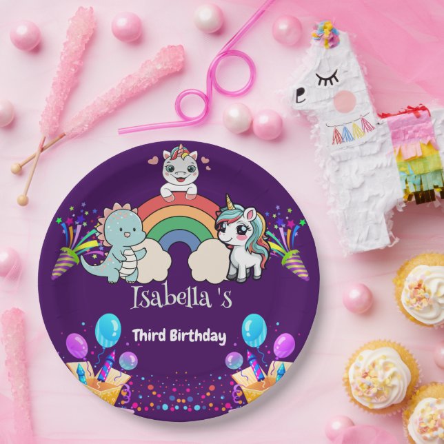 Cute Dinosaur Unicorn rainbow Balloon birthday kid Paper Plate (Party)