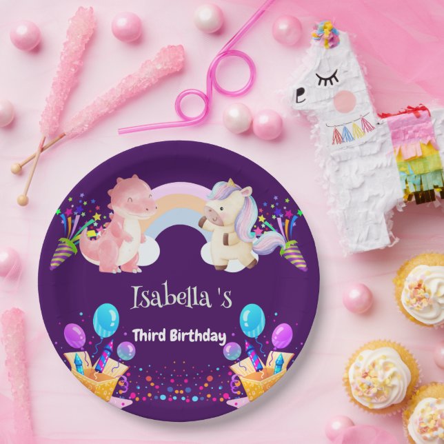Cute Dinosaur Unicorn rainbow Balloon birthday kid Paper Plate (Party)