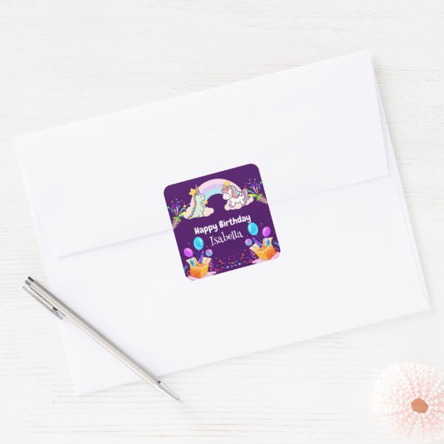 Cute Dinosaur Unicorn rainbow Balloon birthday Square Sticker (Envelope)