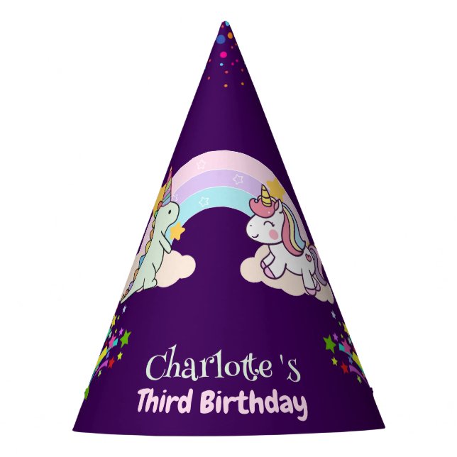 Cute Dinosaur Unicorn rainbow birthday party Hat (Front)