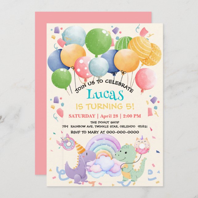 Cute Dinosaur Unicorn Rainbow doughnut balloon pat Invitation (Front/Back)