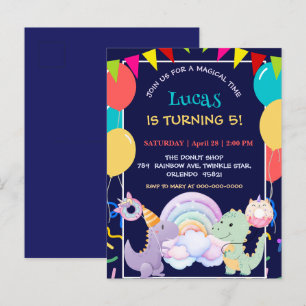 Cute Dinosaur Unicorn Rainbow doughnut balloon pat Invitation Postcard