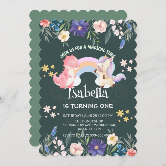 Cute Dinosaur Unicorn rainbow Floral birthday kids Invitation (Front/Back)