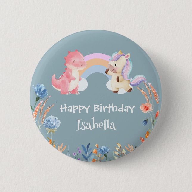 Cute Dinosaur Unicorn rainbow Flower birthday girl 6 Cm Round Badge (Front)