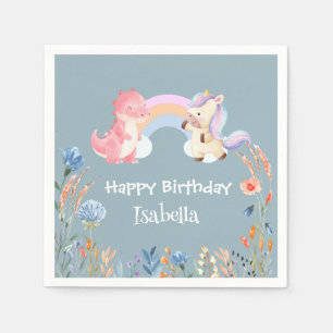 Cute Dinosaur Unicorn rainbow Flower birthday girl Napkin