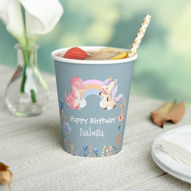 Cute Dinosaur Unicorn rainbow Flower birthday girl Paper Cups (Insitu)