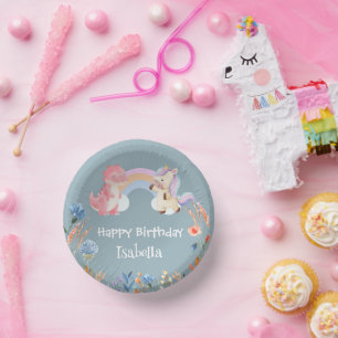 Cute Dinosaur Unicorn rainbow Flower birthday girl Paper Plate