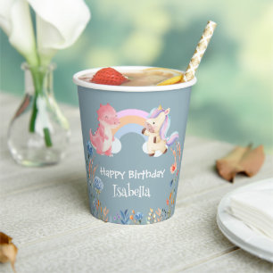 Cute Dinosaur Unicorn rainbow Flower birthday kids Paper Cups