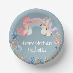 Cute Dinosaur Unicorn rainbow Flower birthday kids Paper Plate