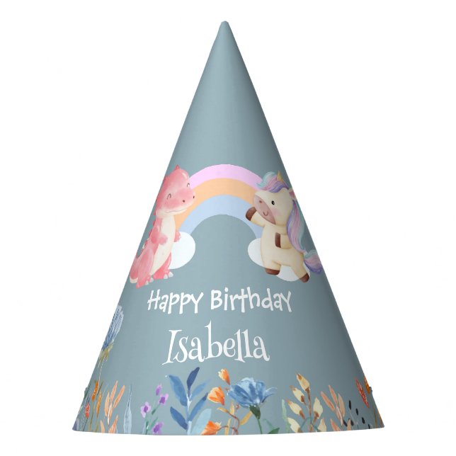 Cute Dinosaur Unicorn rainbow Flower birthday kids Party Hat (Front)