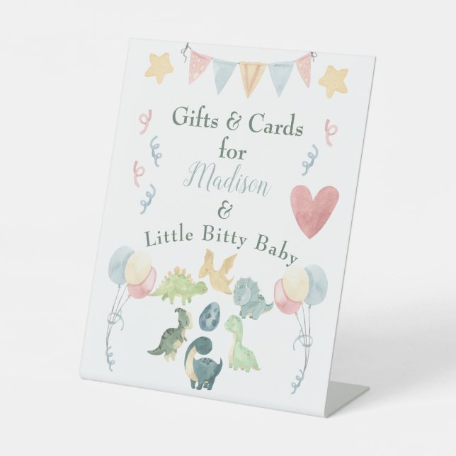 Cute Dinosaur Watercolor Baby Shower Blue Pedestal Sign (Front)