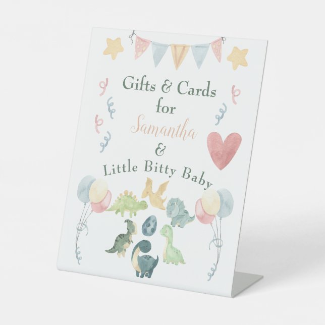 Cute Dinosaur Watercolor Baby Shower Orange Pedestal Sign (Front)