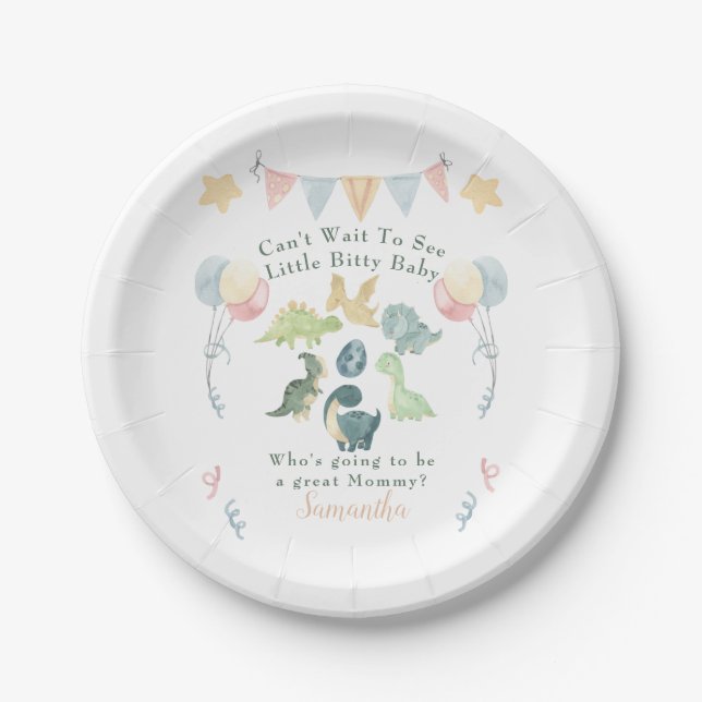 Cute Dinosaur Watercolor Baby Shower Paper Plate (Front)