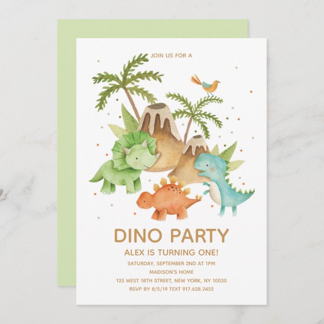 Cute  Dinosaur Watercolor Birthday Party  Invitation (Front/Back)