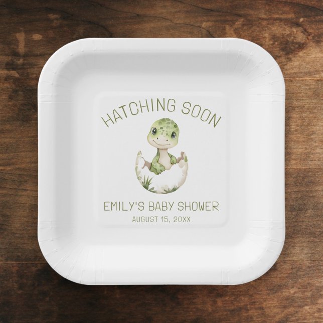 Cute Dinosaur Watercolor Hatching Soon Baby Shower Paper Plate (Creator Uploaded)