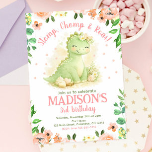 Cute Dinosaur Watercolor Pink Floral Birthday Invitation