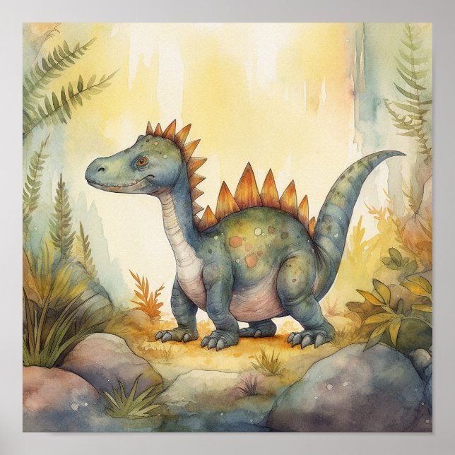 Cute Dinosaur Watercolor Storybook Illustration Poster (Front)