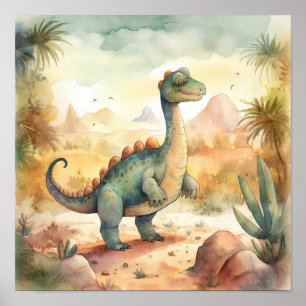 Cute Dinosaur Watercolor Storybook Illustration Poster