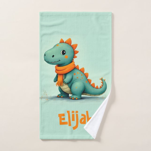 Cute Dinosaur Wearing an Orange Scarf Bath Towel Set (Hand Towel)