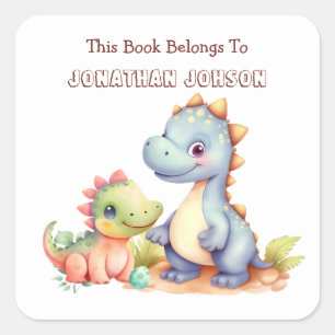 Cute Dinosaur Whimsical Kids Bookplate Square Sticker