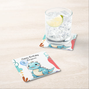 Cute Dinosaur wild Boy Happy birthday party Square Paper Coaster