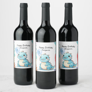 Cute Dinosaur wild Boy Happy birthday party Wine Label