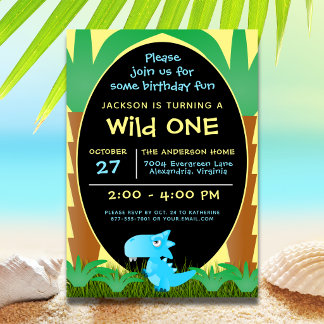Cute Dinosaur Wild One First Birthday Invitation
